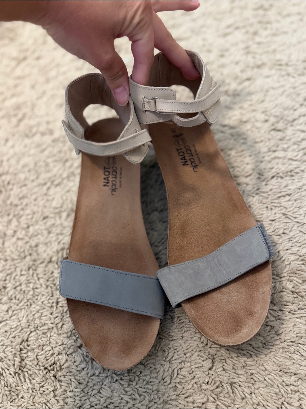 Naot Two-Tone Ankle Strap Sandals in Beige and Light Blue